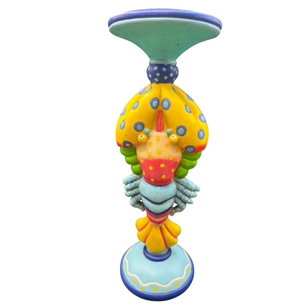 Rare Whimsical Hand Painted Lobster Pillar Candle Holder Coastal Folk Art Decor